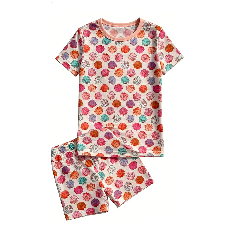 ( Moq 5 ) Preorder Baby Girls Kids Short Sleeves Shell Shirt Shorts Summer Pajamas Set