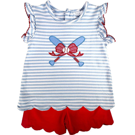 ( Moq 5 ) Preorder Baby Girls Kids Sleeveless Baseball Bows Stripes Tops Red Shorts Summer Set