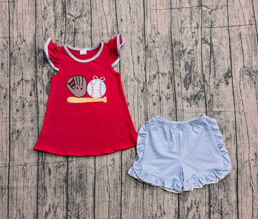 ( No moq ) Preorder Baby Girls Kids Short Sleeves Embroidery Baseball Bows Red Tops Blue Stripes Shorts Set