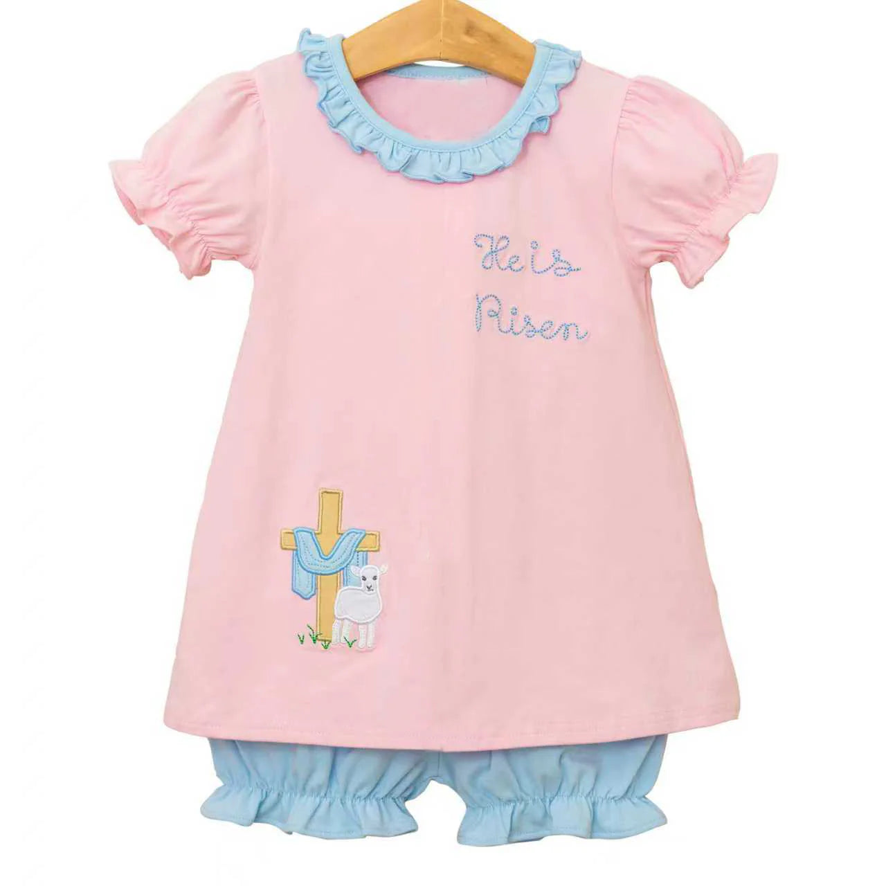 ( Moq 5 ) Preorder Baby Girls Kids Short Sleeves He is Risen Cross Tops Blue Shorts Easter Set