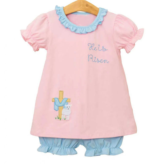 ( Moq 5 ) Preorder Baby Girls Kids Short Sleeves He is Risen Cross Tops Blue Shorts Easter Set