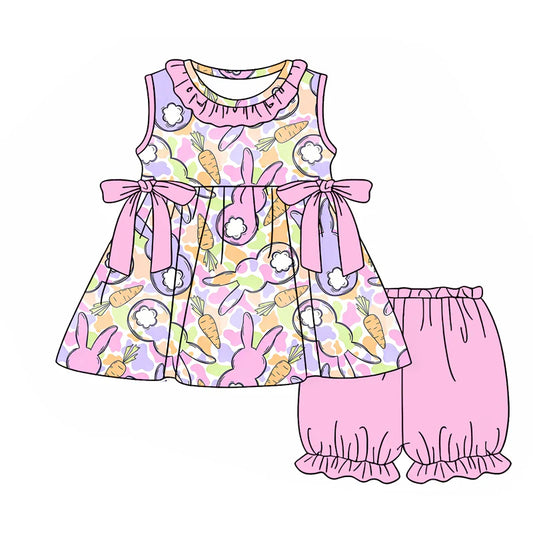 ( Moq 5 ) Preorder Baby Girls Kids Sleeveless Rabbits Carrots Camo Bows Tops Pink Shorts Easter Set