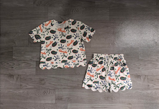 ( No moq ) Preorder Baby Girls Kids Short Sleeves Green Bows Team Shirt Shorts Summer Set