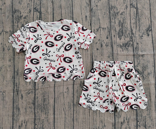 ( No moq ) Preorder Baby Girls Kids Short Sleeves Red Green Bows Team Shirt Scallop Shorts Summer Set