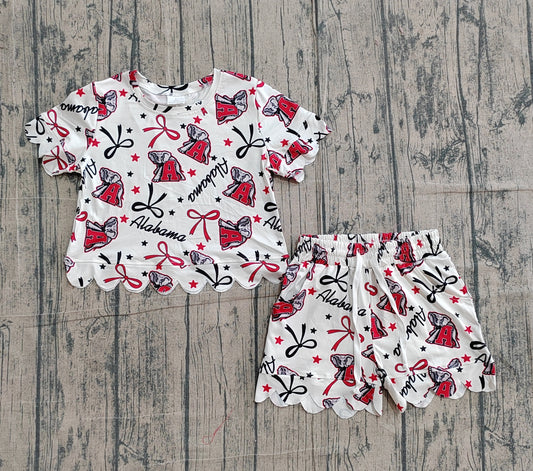 ( No moq ) Preorder Baby Girls Kids Short Sleeves Bows Elephant Team Shirt Scallop Shorts Summer Set