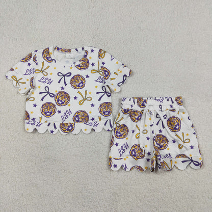Sibling Baby Girls Kids Short Sleeves Bows Shirts Pockets Shorts Team Sets Scallop Clothes RTS