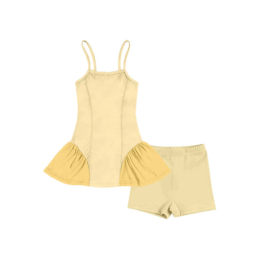( Moq 5 ) Preorder Baby Girls Kids Straps Tunic Shorts Yellow Yoga Active Summer Set