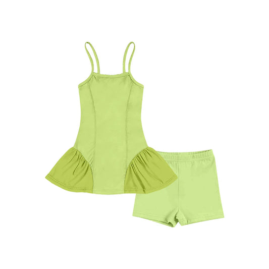 ( Moq 5 ) Preorder Baby Girls Kids Straps Tunic Shorts Green Yoga Active Summer Set