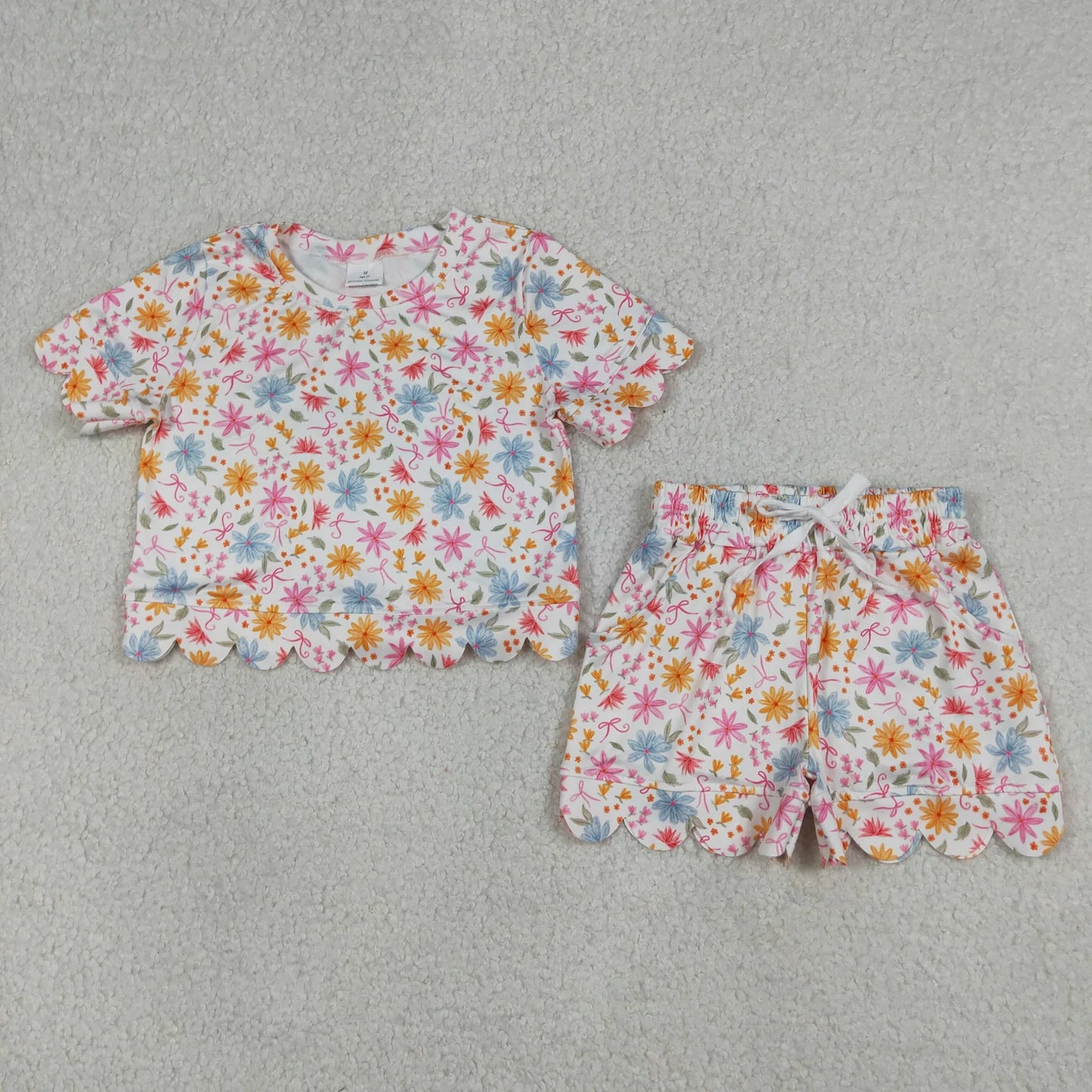 Sibling Baby Girls Kids Short Sleeves Flower Scallop Shirts Shorts Summer Sets Clothes RTS