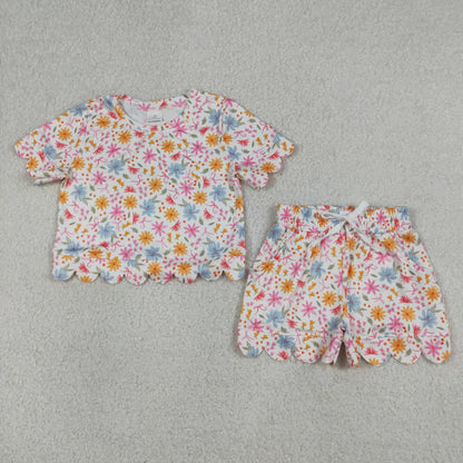Sibling Baby Girls Kids Short Sleeves Flower Scallop Shirts Shorts Summer Sets Clothes RTS
