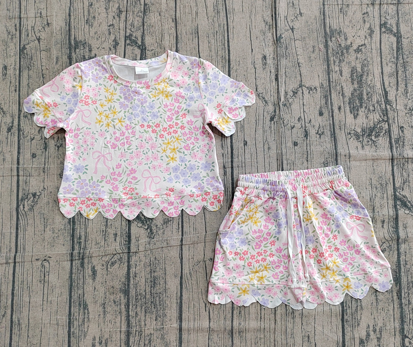 Baby Girls Kids Short Sleeves Bows Floral Shirt Scallop Shorts Summer Set RTS