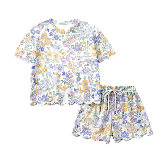 ( Moq 5 ) Preorder Baby Girls Kids Short Sleeves Purple Yellow Flower Shirt Shorts Summer Set