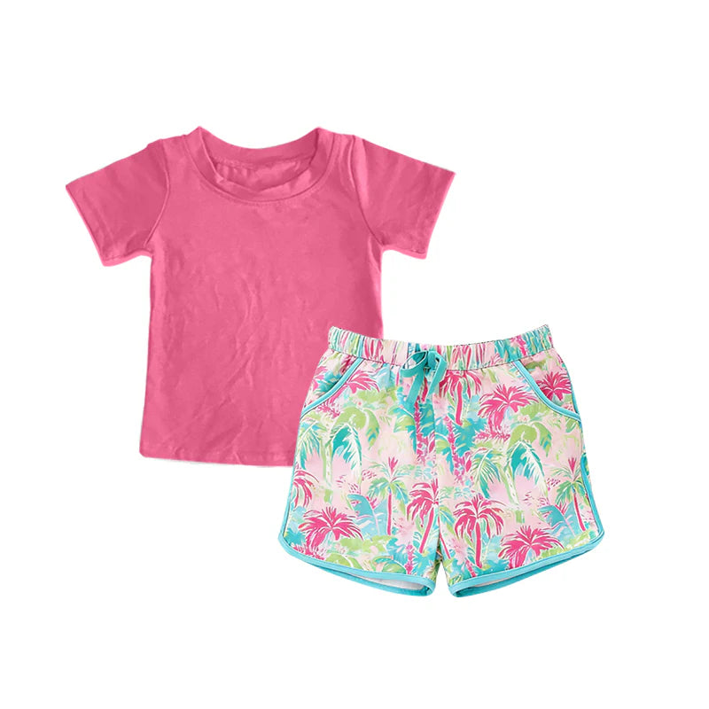 ( Moq 5 ) Preorder Baby Girls Toddler Short Sleeves Pink Shirt Tree Pockets Shorts Summer Set