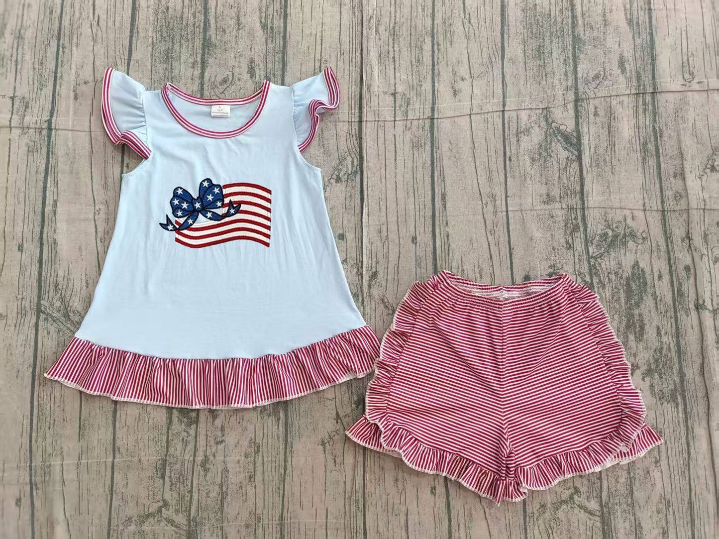 ( No moq ) Preorder Baby Girls Kids Short Sleeves Flag Stars Bow Tops Stripes Shorts 4th of July Set