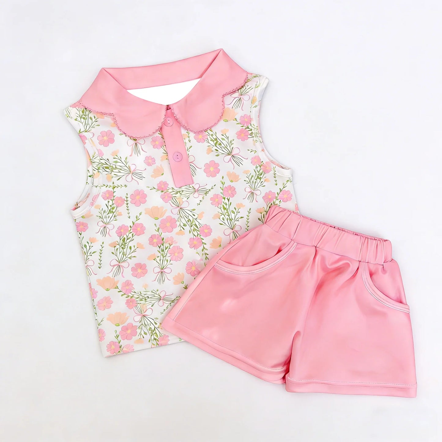 ( Moq 5 ) Preorder Baby Girls Toddler Sleeveless Flower Bows Buttons Tops Pink Pockets Shorts Summer Set