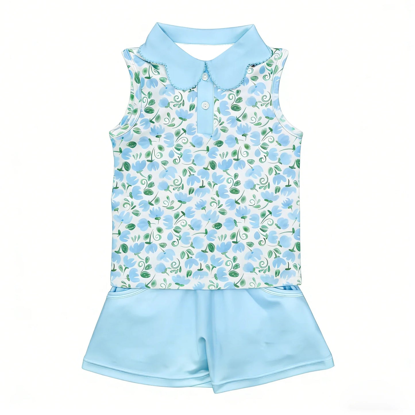 ( Moq 5 ) Preorder Baby Girls Toddler Sleeveless Flower Buttons Tops Blue Pockets Shorts Summer Set