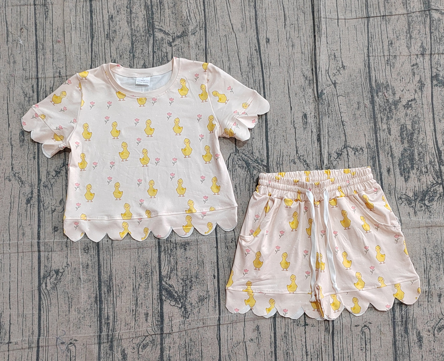Baby Girls Toddler Short Sleeves Ducks Flower Shirt Scallop Shorts Summer Set RTS