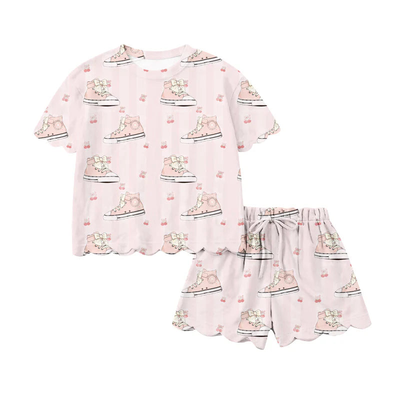 ( Moq 5 ) Preorder Baby Girls Toddler Short Sleeves Shoes Cherry Shirt Shorts Pink Set