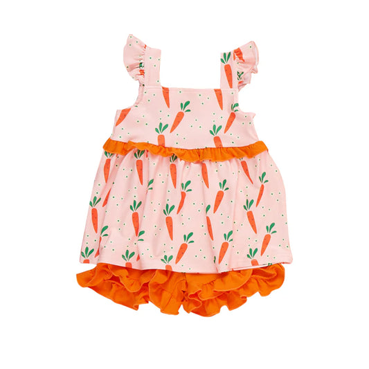 ( Moq 5 ) Preorder Baby Girls Kids Short Sleeves Carrots Floral Tunic Ruffle Shorts Easter Set