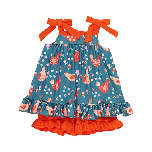 ( Moq 5 ) Preorder Baby Girls Kids Sleeveless Chicken Flower Tunic Ruffle Shorts Summer Set