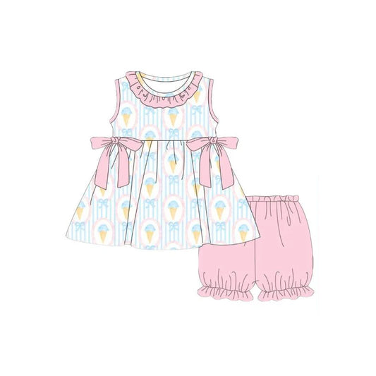 ( Moq 5 ) Preorder Baby Girls Kids Sleeveless Popsicles Bows Stripes Tunic Pink Shorts Summer Set