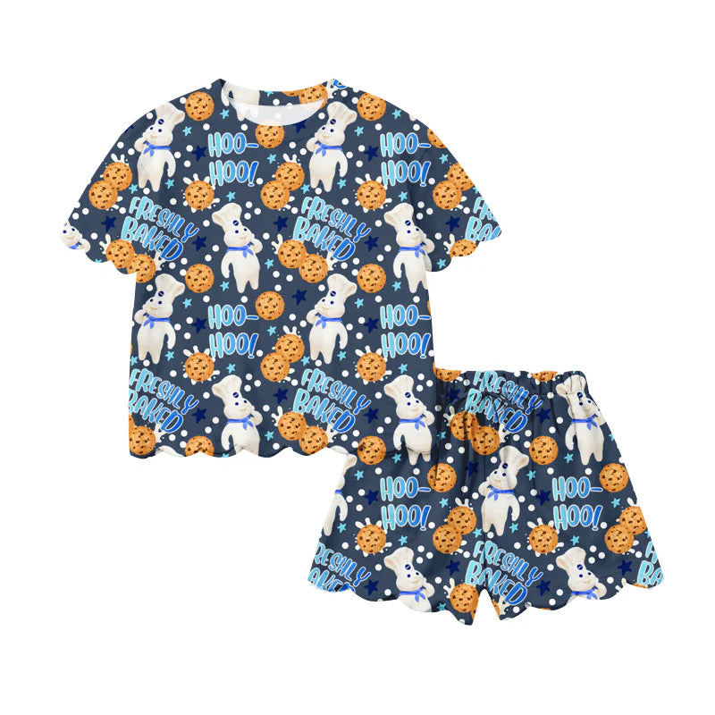 ( Moq 5 ) Preorder Baby Girls Toddler Short Sleeves Cookies Blue Shirt Shorts Summer Set