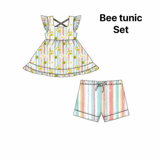 ( Moq 5 ) Preorder Baby Girls Kids Short Sleeves Bee Flower Tunic Stripes Shorts Summer Set
