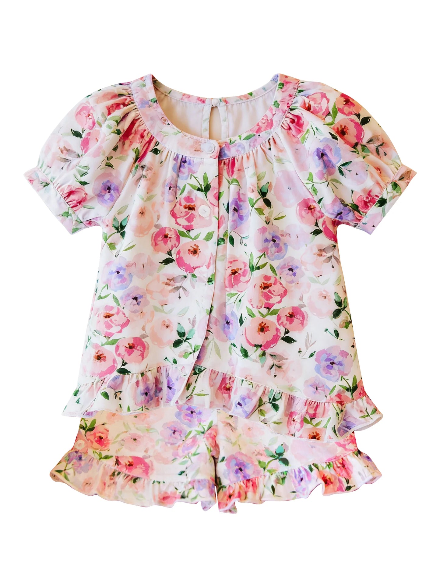 ( Moq 5 ) Preorder Baby Girls Toddler Short Sleeves Flower Buttons Tops Ruffle Shorts Summer Set