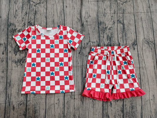 ( No moq ) Preorder Baby Girls Kids Short Sleeves Checked Stars Shirt Pockets Shorts 4th of July Set