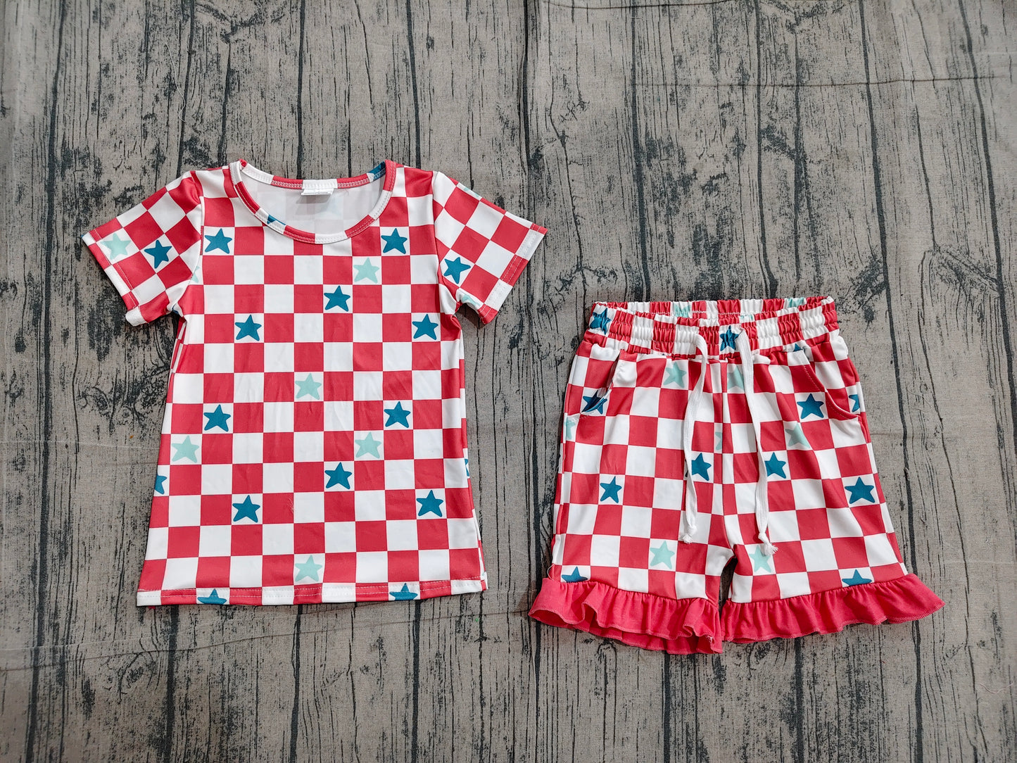 ( No moq ) Preorder Baby Girls Kids Short Sleeves Checked Stars Shirt Pockets Shorts 4th of July Set