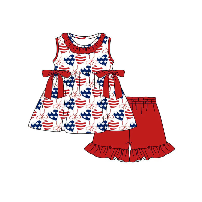( Moq 5 ) Preorder Baby Girls Kids Hearts Stars Bows Tunic Red Ruffle Shorts 4th of July Set