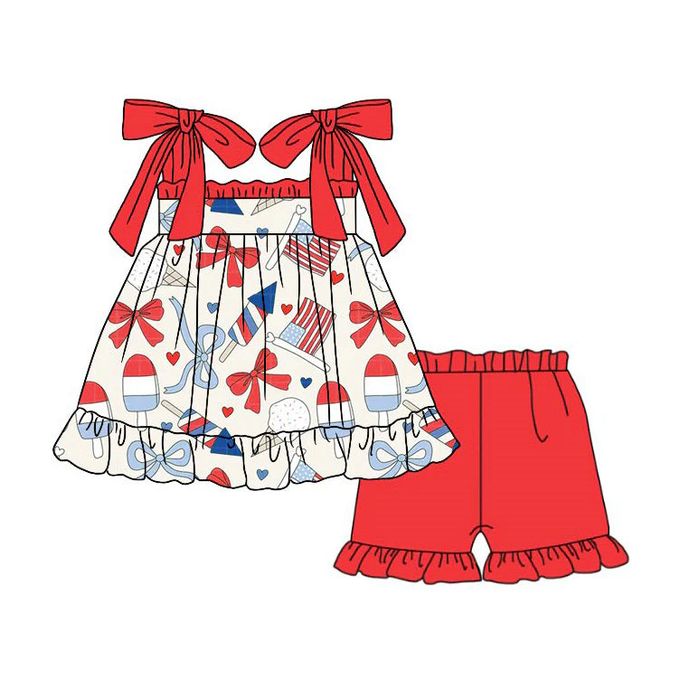 ( Moq 5 ) Preorder Baby Girls Kids Sleeveless Bows Flags Tops Red Shorts 4th of July Set