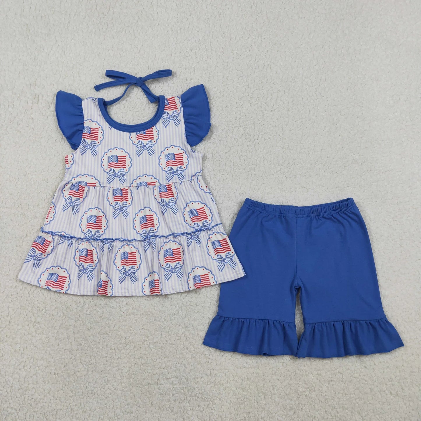 Sibling Baby Girls Kids Bows Flags Tops Blue Shorts Set Romper 4th of July Clothes RTS