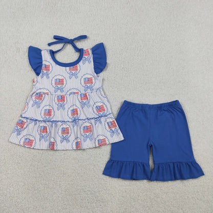 Sibling Baby Girls Kids Bows Flags Tops Blue Shorts Set Romper 4th of July Clothes RTS