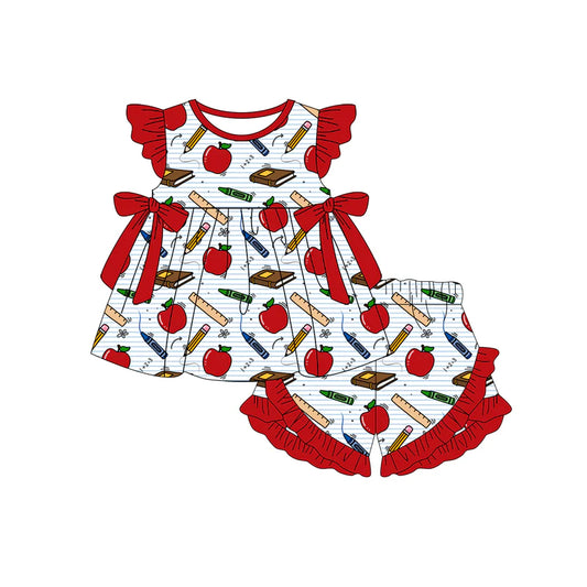 ( Moq 5 ) Preorder Baby Girls Kids Short Sleeves Apple Pencil Bows Tops Shorts Back to School Set