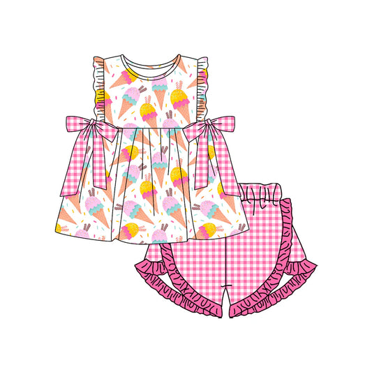 ( Moq 5 ) Preorder Baby Girls Kids Sleeveless Bows Ice Cream Tunic Pink Plaid Ruffle Shorts Summer Set