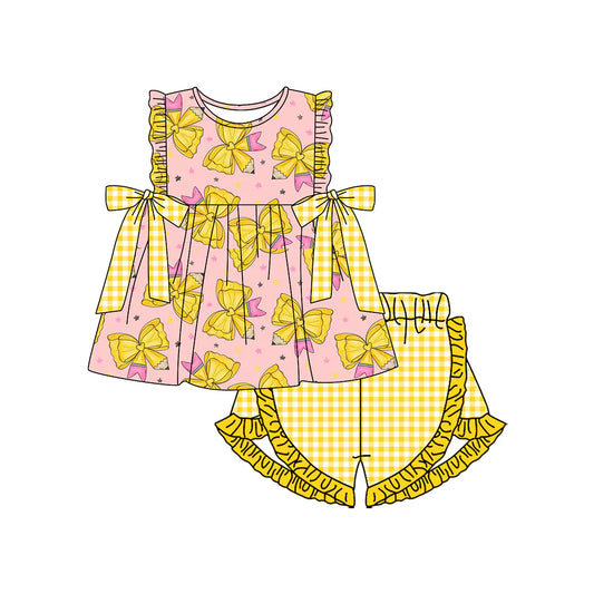 ( Moq 5 ) Preorder Baby Girls Kids Pencil Bows Tunic Yellow Plaid Ruffle Shorts Back to School Set