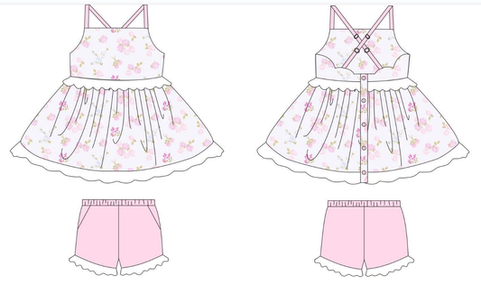 ( Moq 5 ) Preorder Baby Girls Kids Straps Flower Buttons Tunic Pockets Pink Shorts Summer Set