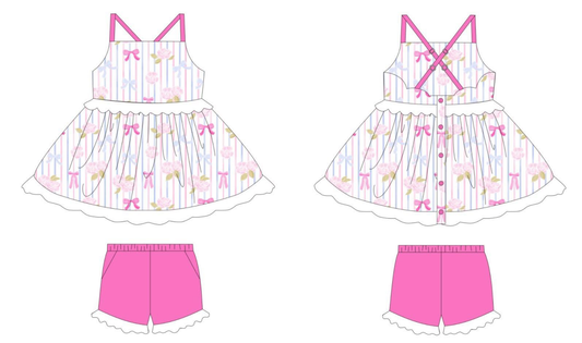 ( Moq 5 ) Preorder Baby Girls Kids Straps Flower Stripes Buttons Tunic Pockets Shorts Clothes Set