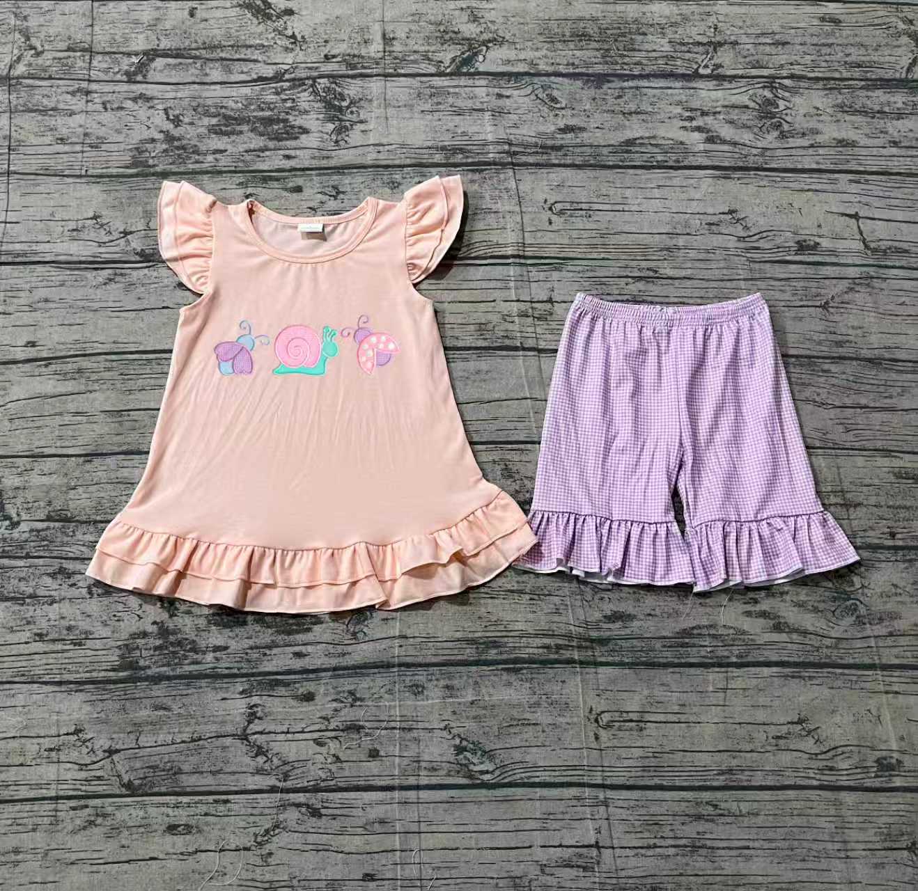( No moq ) Preorder Baby Girls Short Sleeves Embroidery Animals Tops Purple Shorts Summer Clothes Set