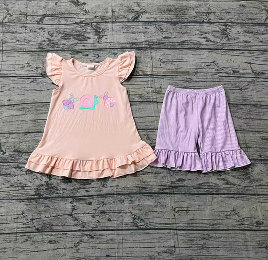 ( No moq ) Preorder Baby Girls Short Sleeves Embroidery Animals Tops Purple Shorts Summer Clothes Set