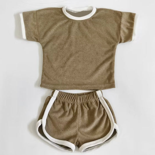 ( Moq 5 ) Preorder Baby Girls Kids Brown Short Sleeves Shirt Shorts Summer Clothes Outfit