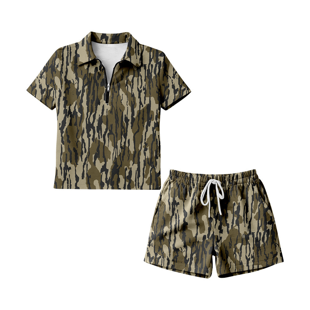 ( Moq 5 ) Preorder Adult Women Short Sleeves Olive Camo Zipper Shirt Shorts Woman Clothes Set
