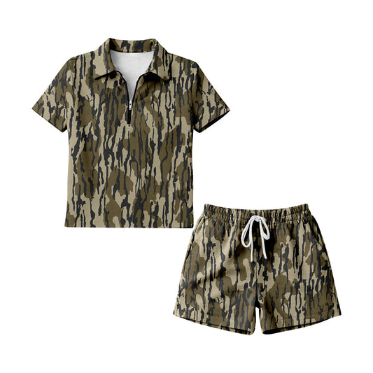 ( Moq 5 ) Preorder Adult Women Short Sleeves Olive Camo Zipper Shirt Shorts Woman Clothes Set