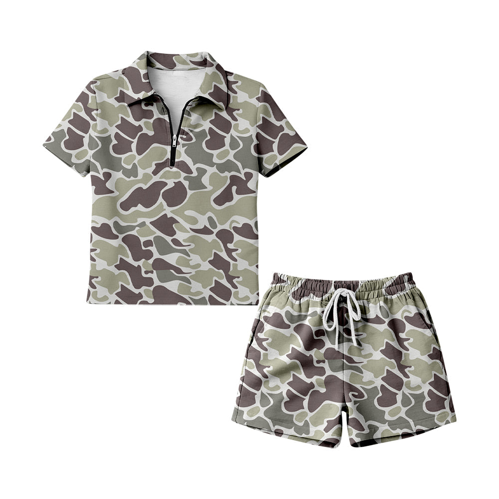 ( Moq 5 ) Preorder Adult Women Short Sleeves Dark Grey Camo Zipper Shirt Shorts Woman Clothes Set
