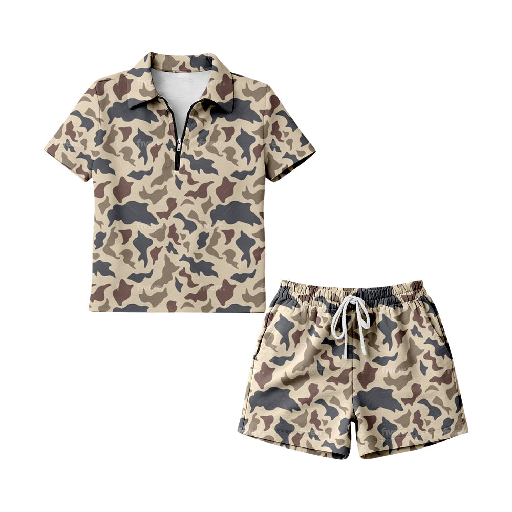 ( Moq 5 ) Preorder Adult Women Short Sleeves Light Brown Camo Zipper Shirt Shorts Woman Clothes Set