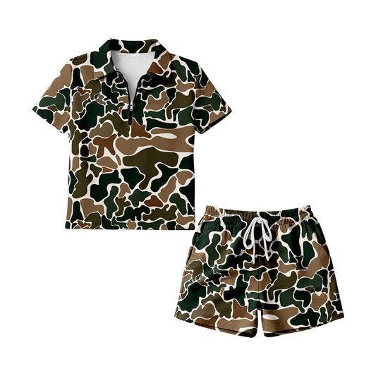 ( Moq 5 ) Preorder Adult Women Short Sleeves Brown Green Camo Zipper Shirt Shorts Woman Clothes Set