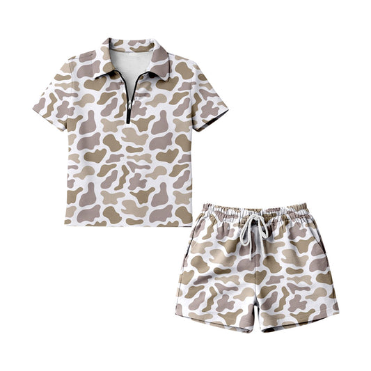 ( Moq 5 ) Preorder Adult Women Short Sleeves Khaki Camo Zipper Shirt Shorts Woman Clothes Set