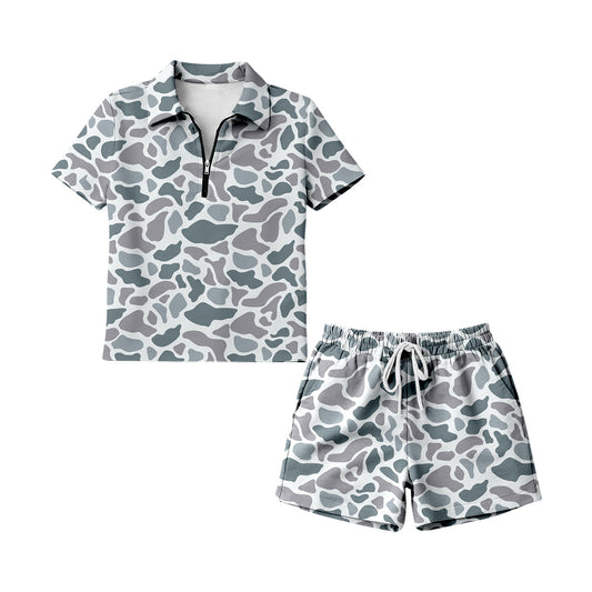 ( Moq 5 ) Preorder Adult Women Short Sleeves Grey Camo Zipper Shirt Shorts Woman Clothes Set