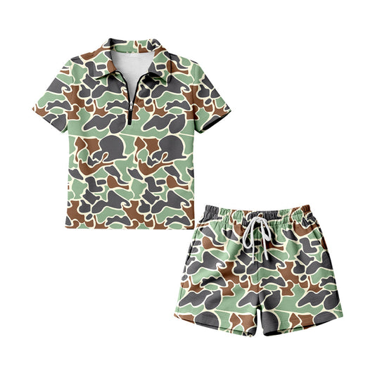 ( Moq 5 ) Preorder Adult Women Short Sleeves Green Camo Zipper Shirt Shorts Woman Clothes Set